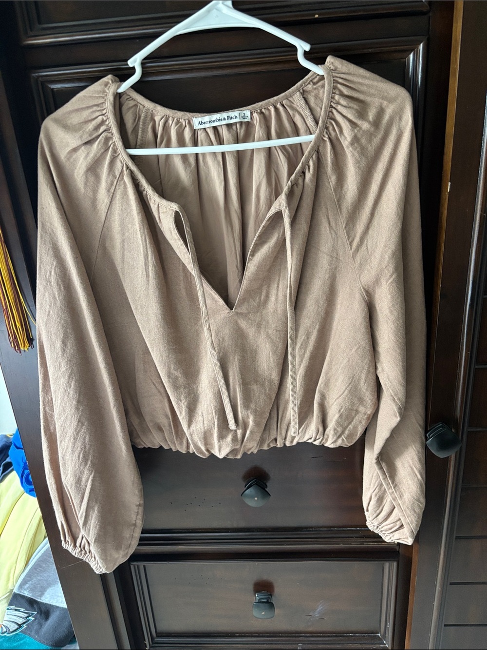 Abercrombie & Fitch Taupe Tie-Neck Peasant Blouse - Women's Long Sleeve